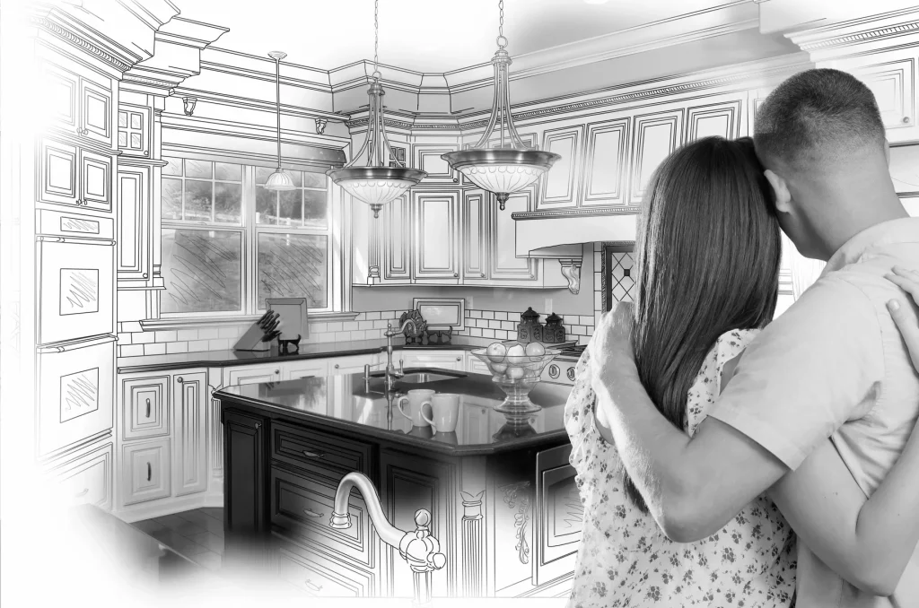 couple looking at a kitchen rendering